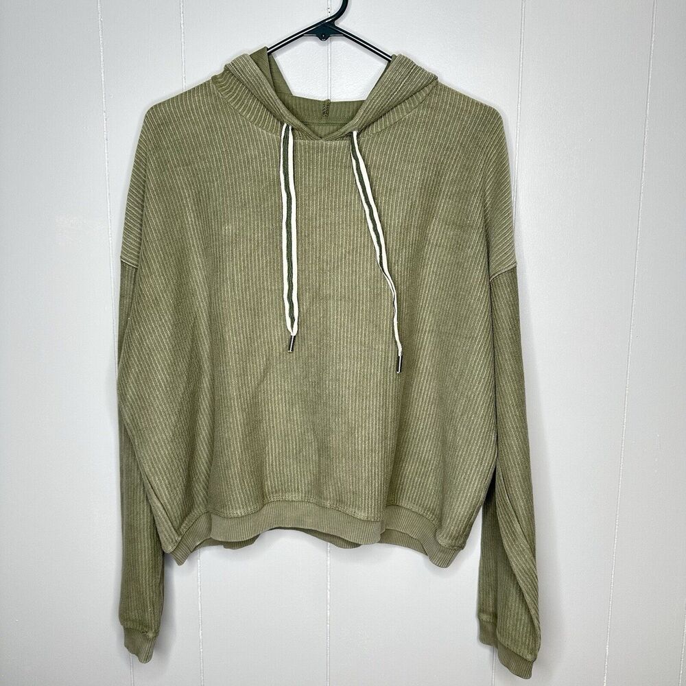 Aerie Hoodie Women Size Small Green Ribbed Terry Cropped Hooded Sweatshirt Boxy